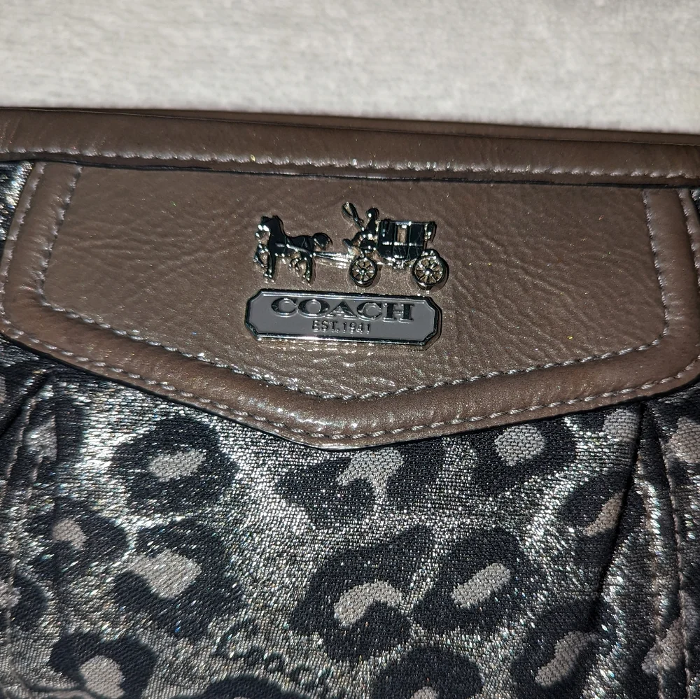 Coach Madison Ocelot gray metallic black leopard wristlet.